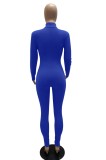 Blue Zipper Long Sleeve Slim Fit Jumpsuit