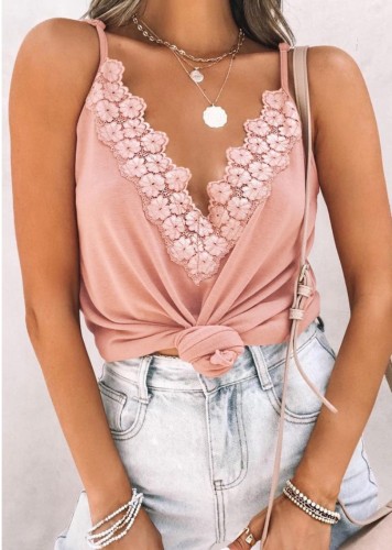 Pink Floral Lace Cami V-Neck Tank Top