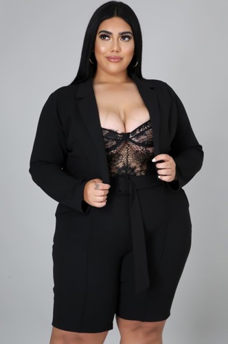Plus Size Black Long Sleeve Blazer and Shorts Office Suit with Belt