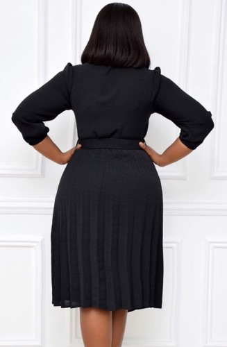 Professional Black Pleated Office Dress with Belt