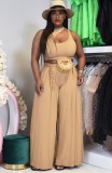 Khaki Sleeveless Hollow Out Crop Top and Loose Pants Two Pieces