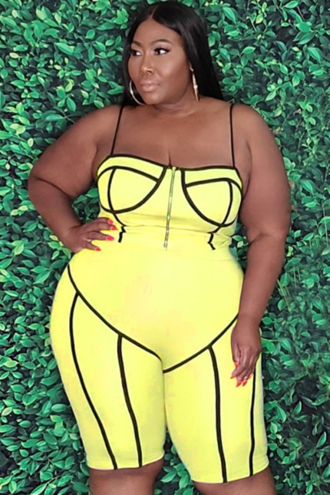 Plus Size Yellow Zipper Cami Slim Fit Rompers