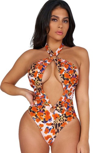 Floral Print Hollow Out O-Ring Halter Bodysuit