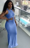 Blue Scrunch Strings Crop Top and Maxi Skirt Two Pieces