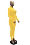 Yellow Zipper Long Sleeve Slim Fit Jumpsuit