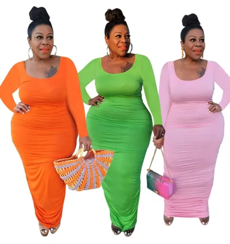 Plus Size Orange Ruched Long Sleeve Maxi Dress