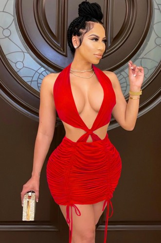 Sexy Red Cut Out Ruched Halter Backless Dress