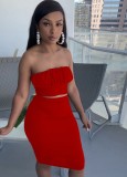Red Sexy Strapless Knotted Crop Top and Midi Skirt Two Piece Set