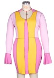 Plus Size Color Block Flare Sleeve Tight Dress