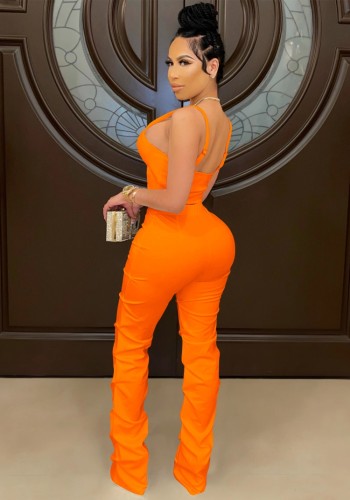 Orange Zipper Cami Crop Top and Pants Two Pieces