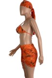 Print Halter Bikini with Kerchief and Ruched Short Skirt 4PCS Set