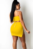 Yellow Chains Sexy Cami  Crop Top and Zipper Skirt Two Piece Set