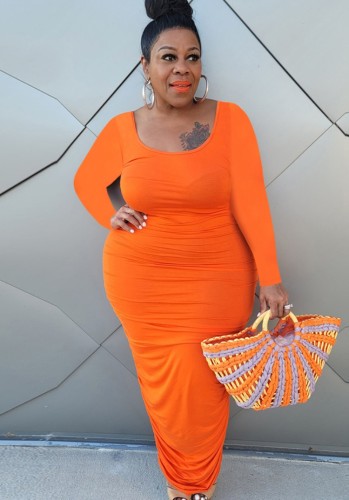 Plus Size Orange Ruched Long Sleeve Maxi Dress