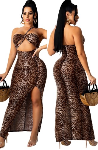 Sexy Leopard Print One Shoulder Cut Out Slit Halter Maxi Dress