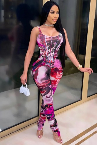 Sexy Print Pink Bustier Tight Jumpsuit