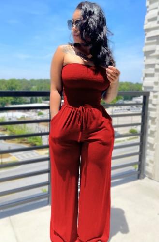 Red Sexy Fit-and-Flare Strapless Casual Jumpsuit