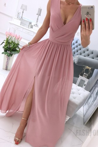 Pink Wrap Sleeveless Chiffon Slit Maxi Dress