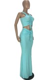 Green Scrunch Strings Crop Top and Maxi Skirt Two Pieces
