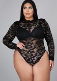 Plus Size Black Lace Long Sleeve Sexy Bodysuit and Pants Two Pieces