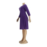 Print Purple O-Neck Pocket Long Sleeve Midi Dress
