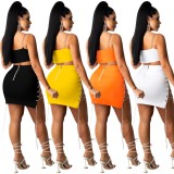 Orange Chains Sexy Cami  Crop Top and Zipper Skirt Two Piece Set
