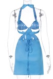 Blue Sexy Cut Out Slit Halter Mini Dress