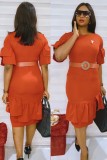 Professional Orange Irregular Office Dress with Matching Belt