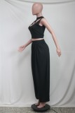 Black Sleeveless Hollow Out Crop Top and Loose Pants Two Pieces