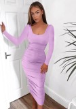 Casual Purple Square Neck Long Sleeve Scrunch Dress