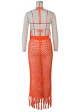 Orange Fishnet Fringe Backless Crop Top and Long Skirt Two Piece Set