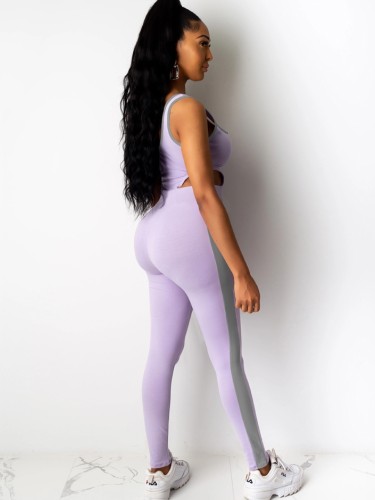 Purple High Cut Sleeveless Drawstring Bodysuit and Matching Pants Two Piece Set