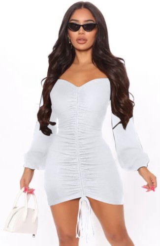 White Off Shoulder Scrunch Long Sleeve Mini Dress