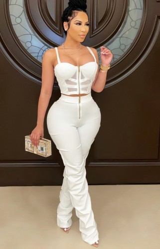 White Zipper Cami Crop Top and Pants Two Pieces
