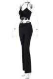 Black Scrunch Halter Crop Top and Bell Trousers Two Pieces