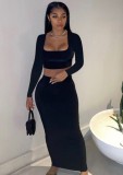 Black Long Sleeve Crop Top and Maxi Skirt Two Pieces