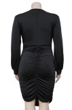 Plus Size Black Long Sleeve Deep-V Ruched Fitted Dress