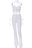 White Scrunch Halter Crop Top and Bell Trousers Two Pieces