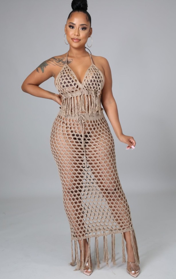 Khaki Fishnet Fringe Backless Crop Top and Long Skirt Two Piece Set