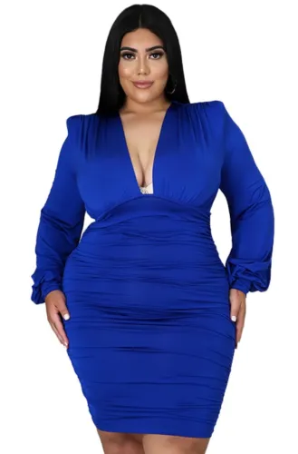 Plus Size Blue Long Sleeve Deep-V Ruched Fitted Dress
