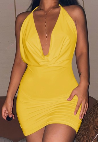 Sexy Yellow Halter Backless Short Dress