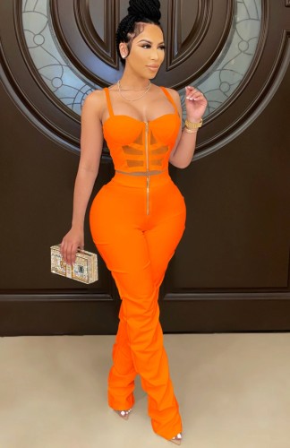 Orange Zipper Cami Crop Top and Pants Two Pieces