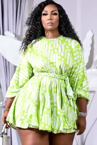 Print Green O-Neck Short Dress with Belt