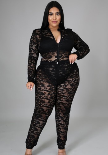 Plus Size Black Lace Long Sleeve Sexy Bodysuit and Pants Two Pieces