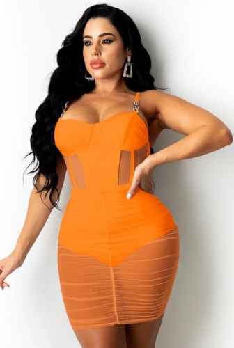 Orange Sexy See Through Cami Ruched Tight Dress