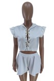 White Lace-Up Hoody Crop Top and Wide Leg Shorts Two Piece Set