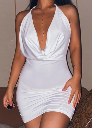 Sexy White Halter Backless Short Dress