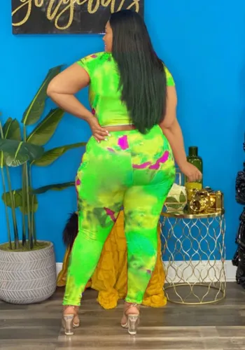 Plus Size Tie Dye Short Sleeve Ripped Crop Top and Pants Two Piece Set