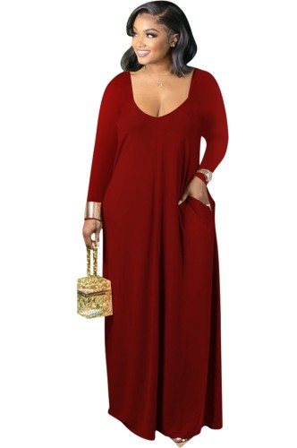 Burgunry Long Sleeve O-Neck Elegant Maxi Dress