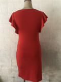 Red Ruffle V-Neck Office Dress