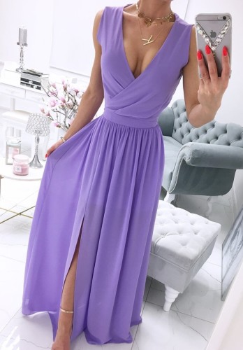 Purple Wrap Sleeveless Chiffon Slit Maxi Dress